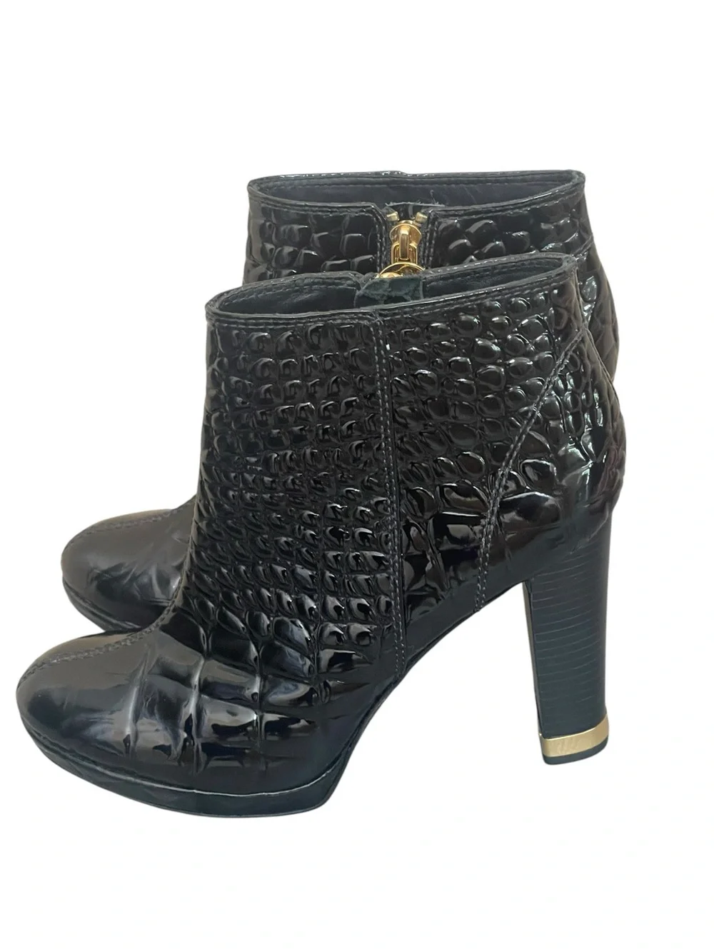 Tory Burch Leigh Black Croc-Embossed Patent Leather Ankle Boots Size 8M